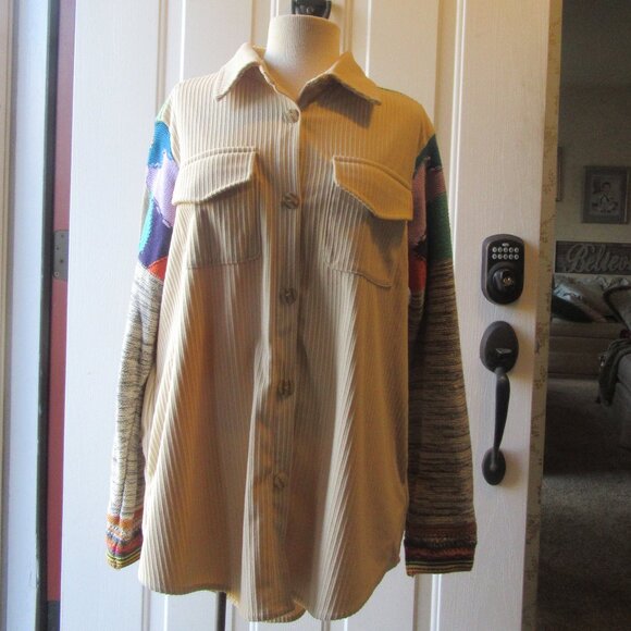 A. Peach Size Small Yellow Tan Corduroy and Multi Colored Sweater Shacket - Picture 5 of 14